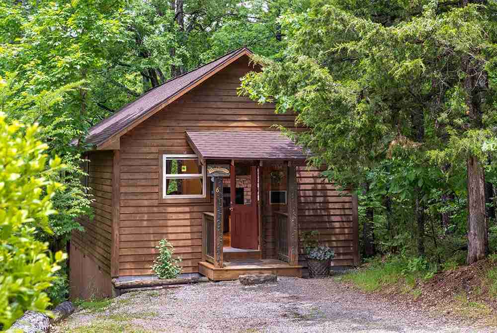 A cozy wooden cabin surrounded by lush greenery.