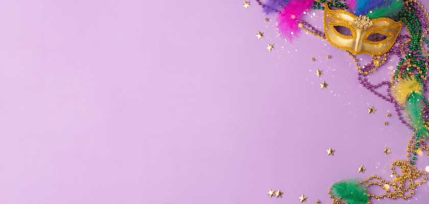 A colorful carnival mask and decorations with stars are set against a lilac background. A colorful carnival mask and decorations with stars are set against a lilac background.