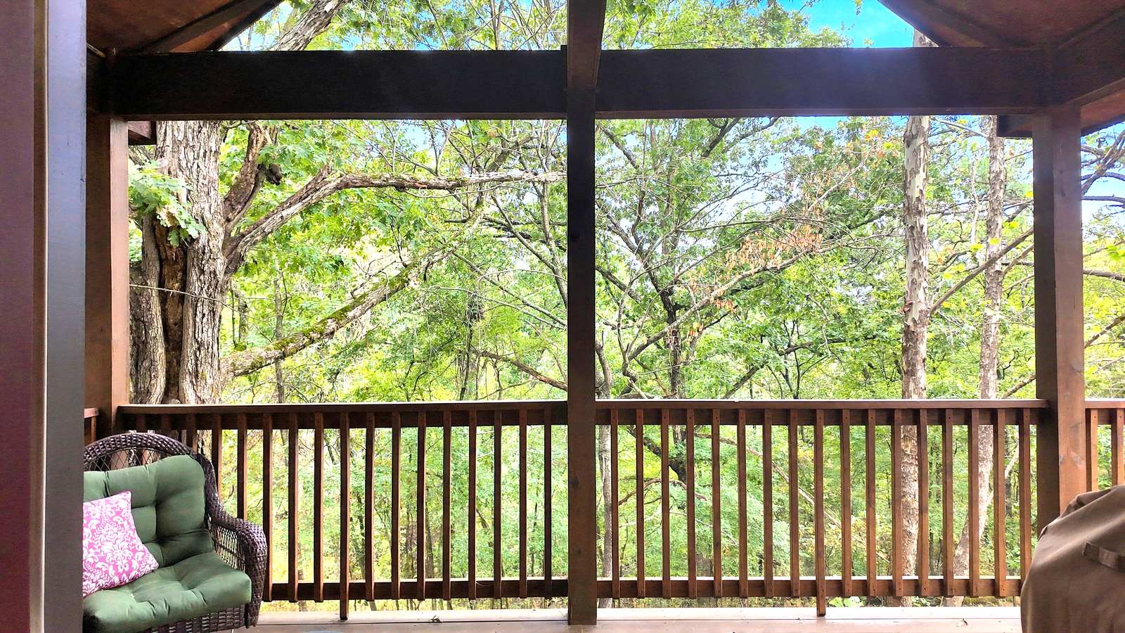 A cozy balcony view of trees and greenery.