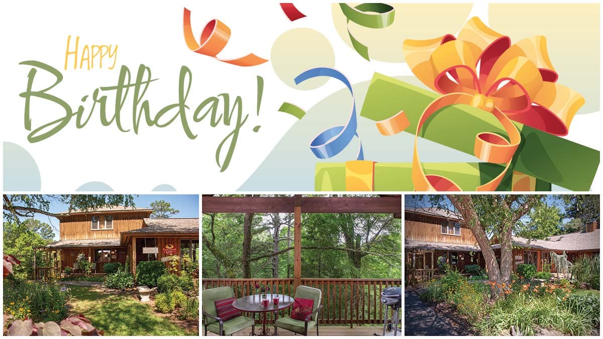 A festive birthday greeting with colorful ribbons and gifts, surrounded by images of a cozy house and outdoor seating.