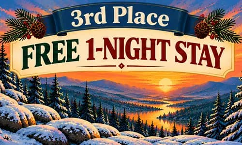 Graphic announcing "3rd Place" and a "Free 1-Night Stay" against a winter landscape backdrop.