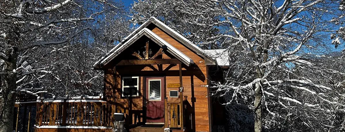 A cozy wooden cabin surrounded by snow-covered trees.