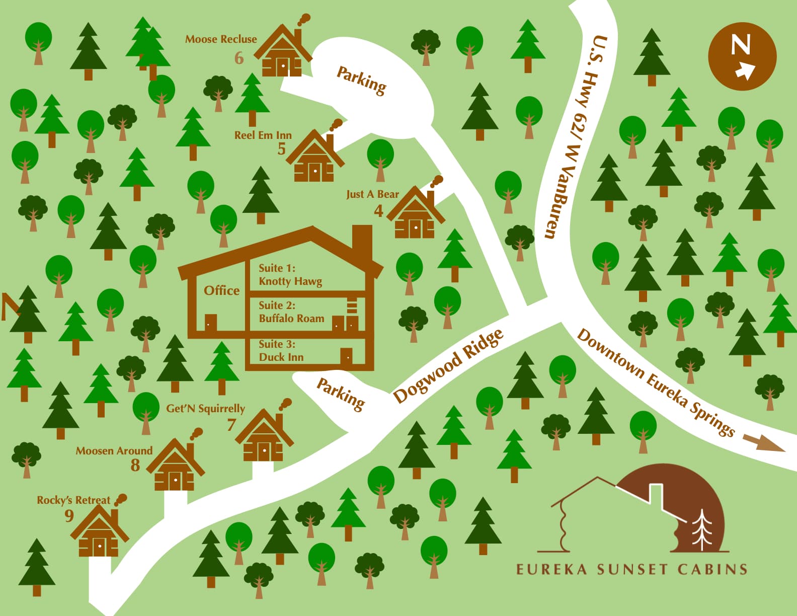 Map of Eureka Sunset Cabins showing cabin locations, parking areas, and nearby Highway U.S. 62 and Downtown Eureka Springs.