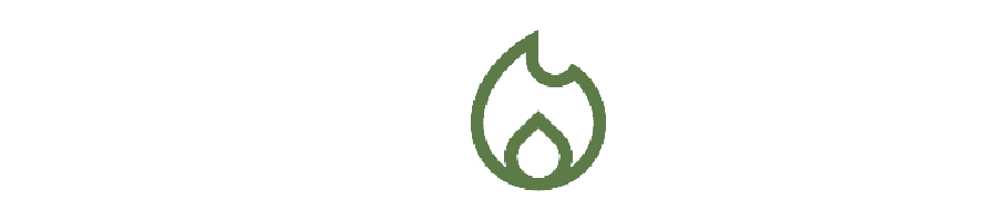 A stylized green logo featuring a flame shape and a dog silhouette.