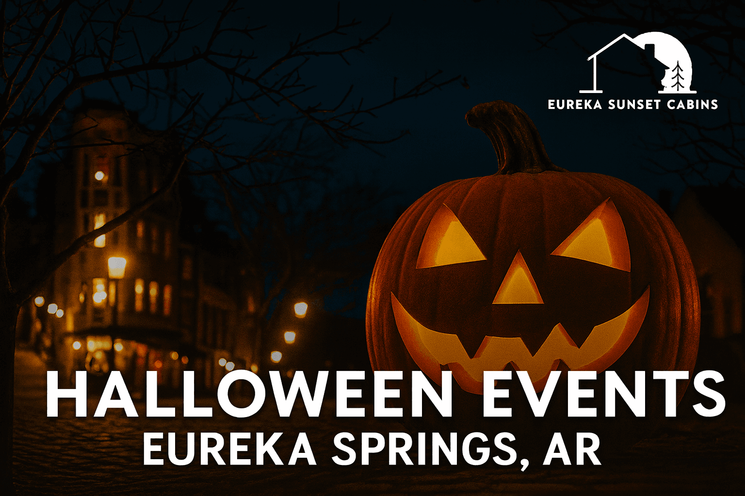 A glowing Halloween pumpkin in a dark setting, promoting events in Eureka Springs, AR.