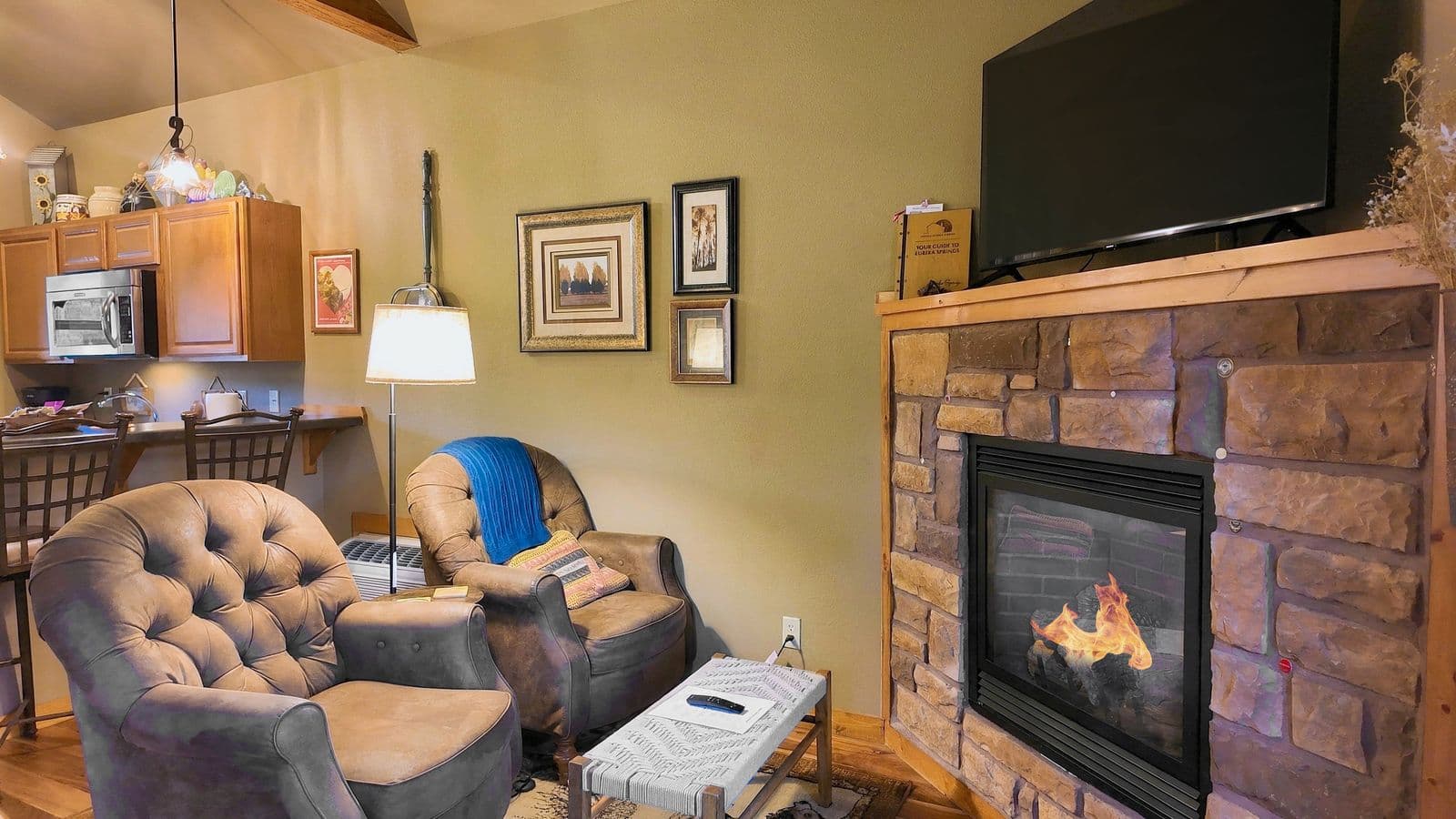 Cozy living room featuring two armchairs, a lamp, a stone fireplace, and a television.