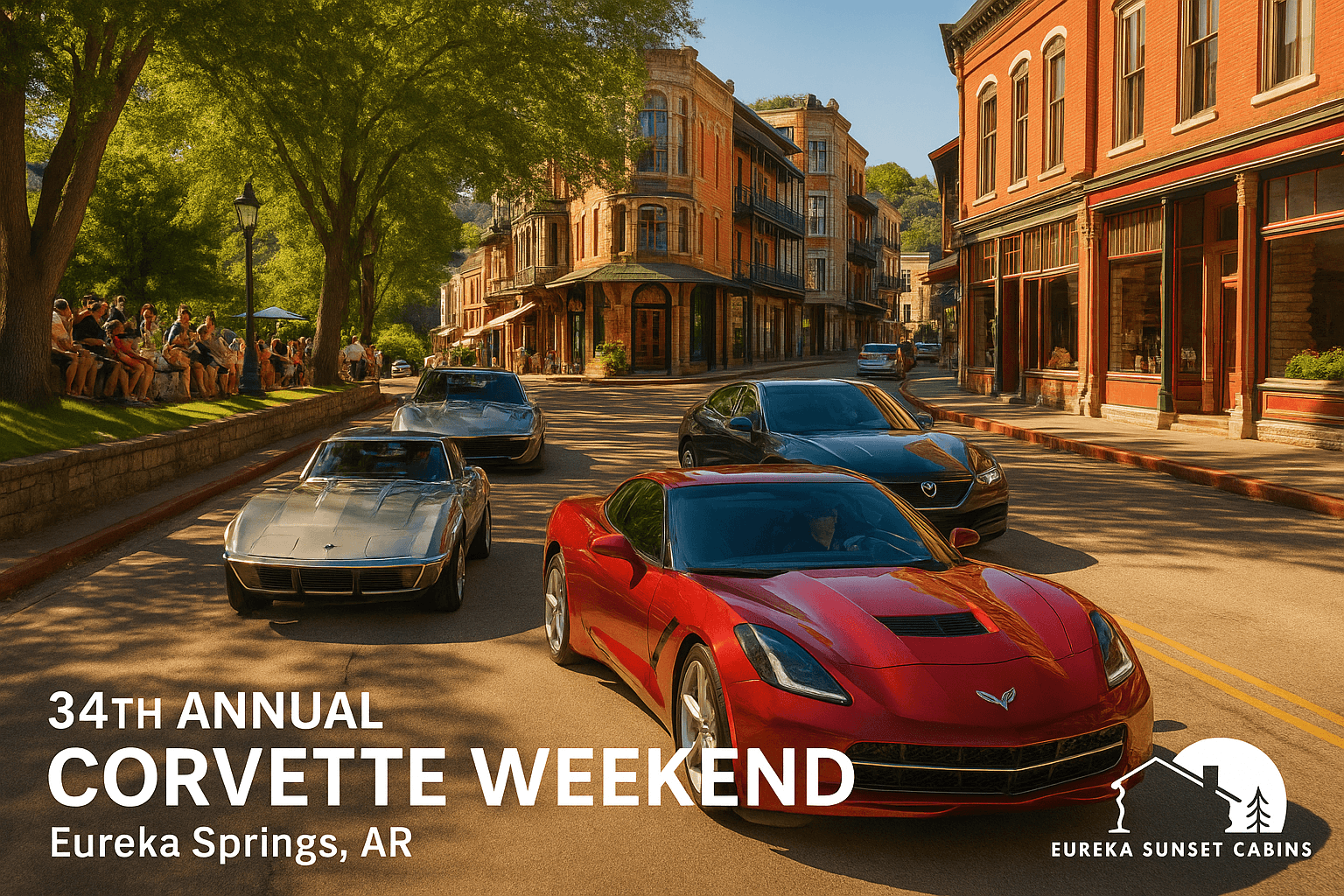 A procession of classic and modern Corvettes driving through a scenic street in Eureka Springs, AR, with event branding for the 34th Annual Corvette Weekend.