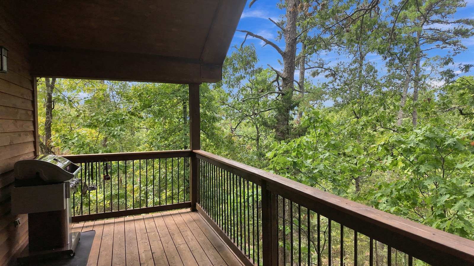 Wooden deck overlooking lush greenery and trees under a clear sky.