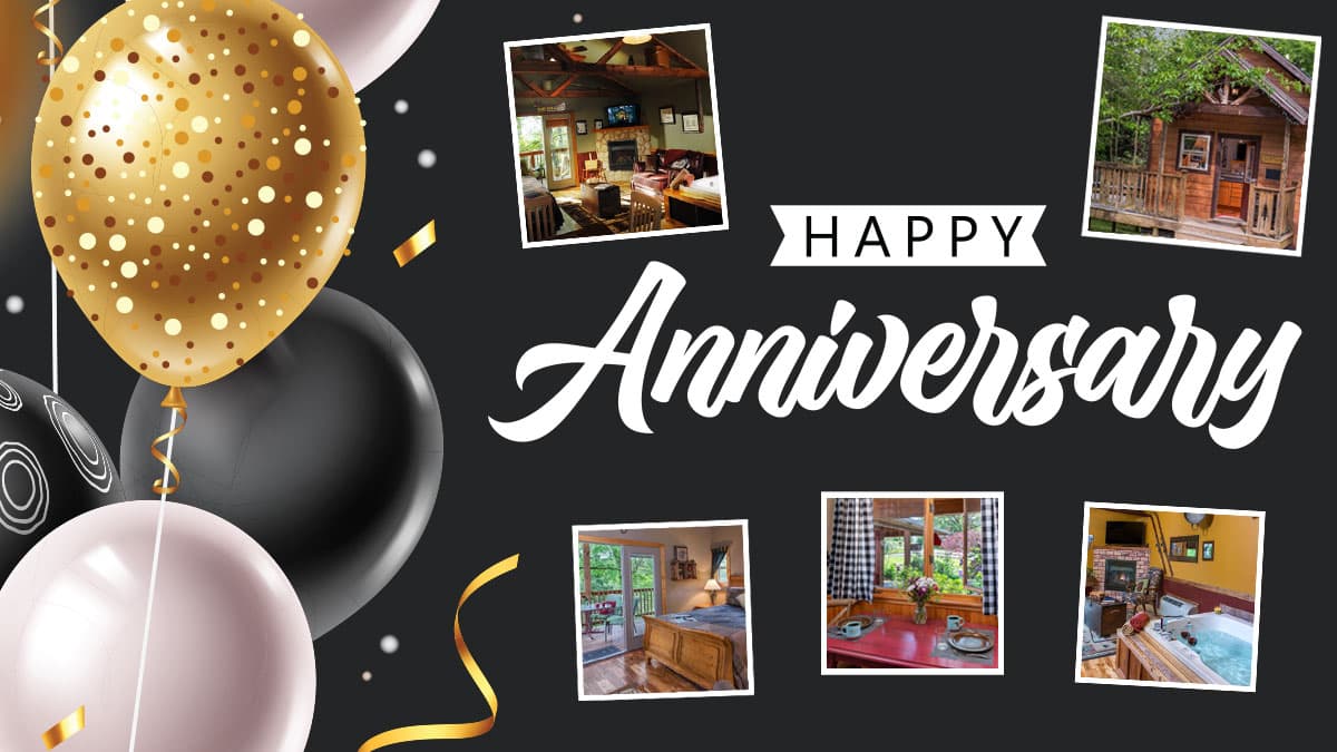 Colorful balloons and a "Happy Anniversary" message with images of cozy interiors and exteriors.