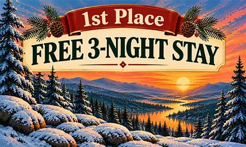 A decorative sign announcing "1st Place - Free 3-Night Stay" set against a winter landscape with snow-covered trees and a sunset.