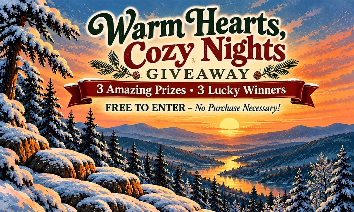 A scenic winter landscape featuring the text "Warm Hearts, Cozy Nights Giveaway" with details about prizes and entry.