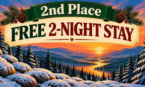 A colorful graphic displaying "2nd Place" and "Free 2-Night Stay" over a scenic winter landscape at sunset.