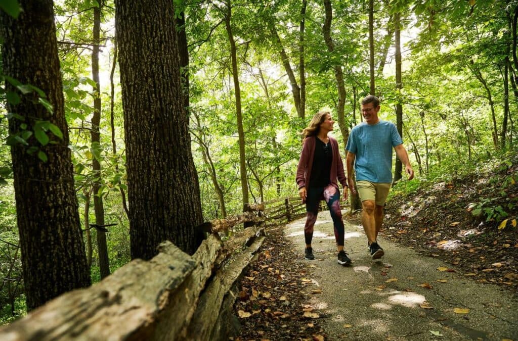 A couple walks leisurely along a shaded path in a lush green forest.