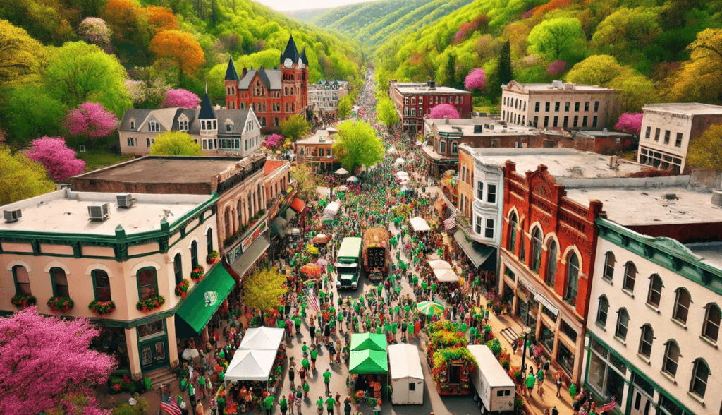 A bustling street festival with throngs of people in green surrounded by vibrant spring foliage and historic buildings.
