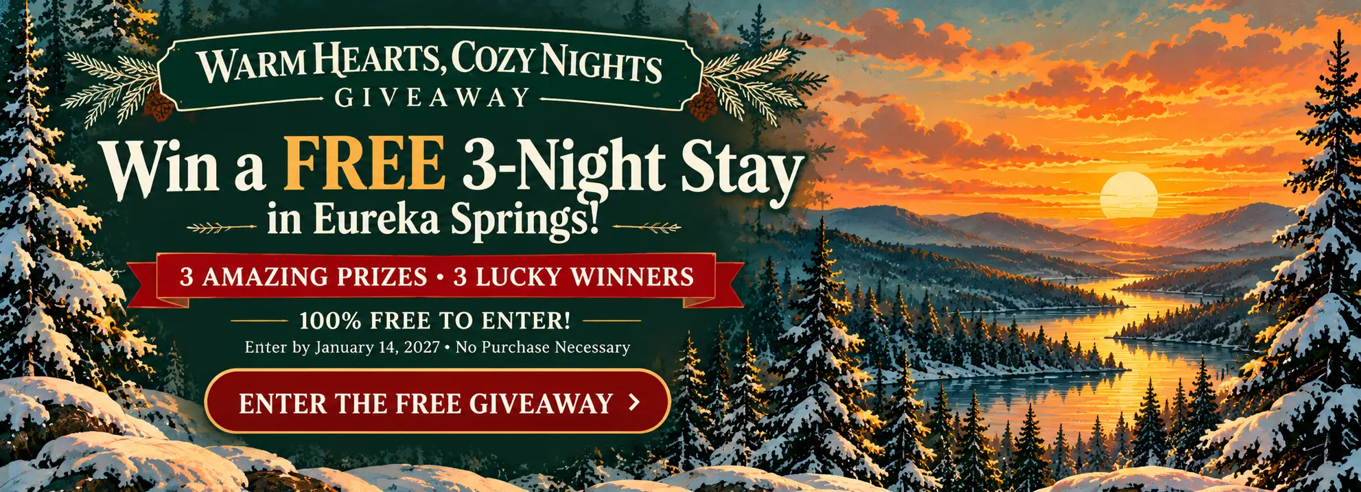 Promotional banner for a giveaway offering a free 3-night stay in Eureka Springs, with details on entry and prizes.