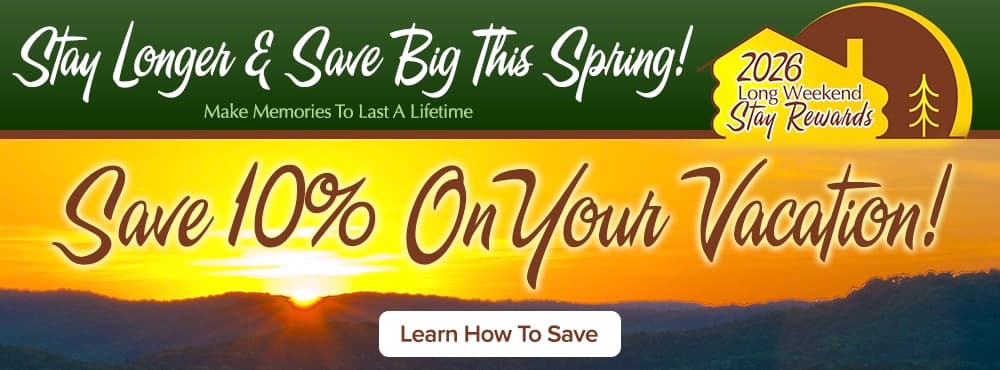 Promotional banner encouraging vacation savings of 10% for spring 2026 with a scenic sunset background.